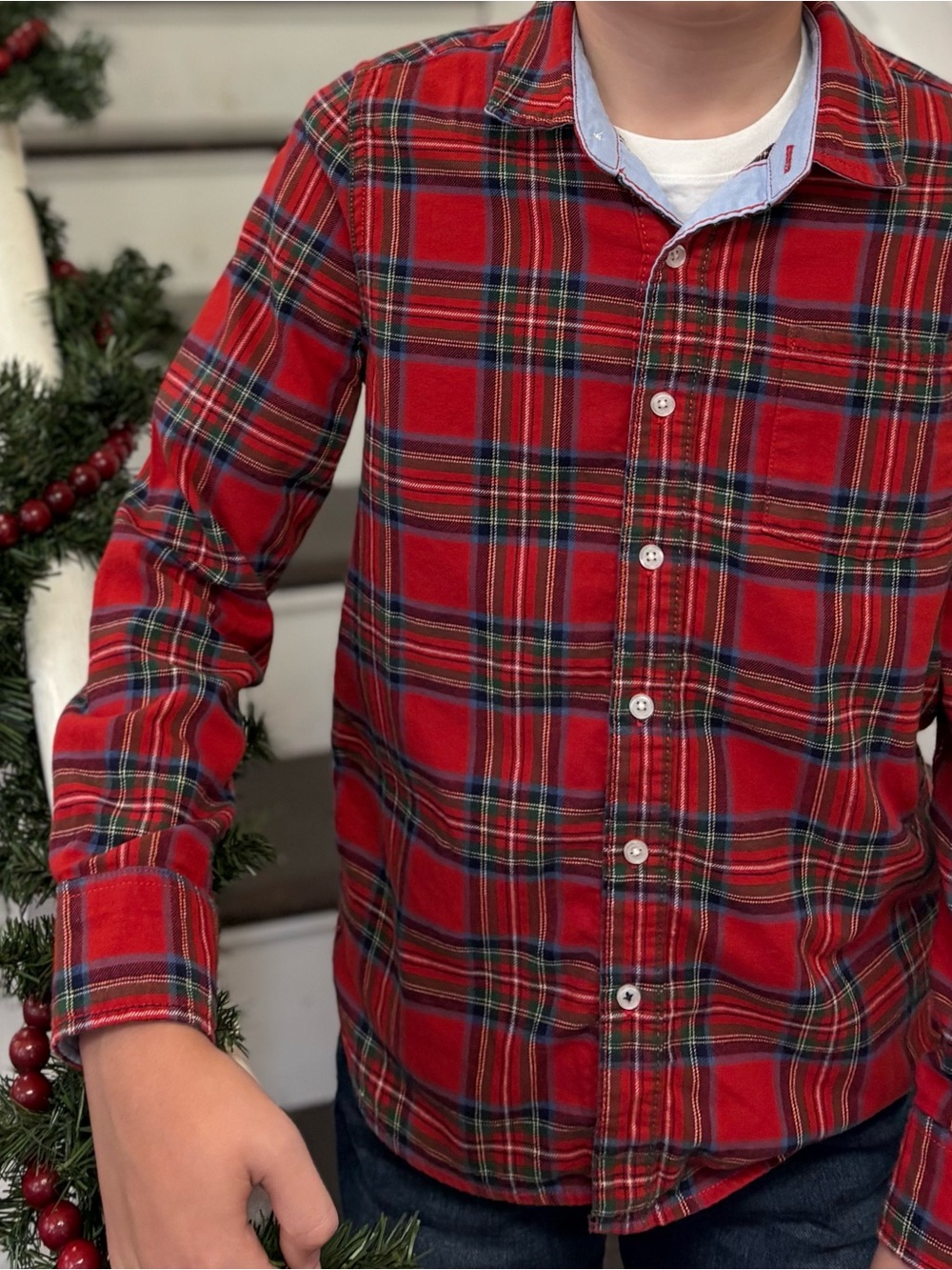 Mini Boden Boys Cosy Cotton Checked Shirt Holiday Plaid Sz 12-13y